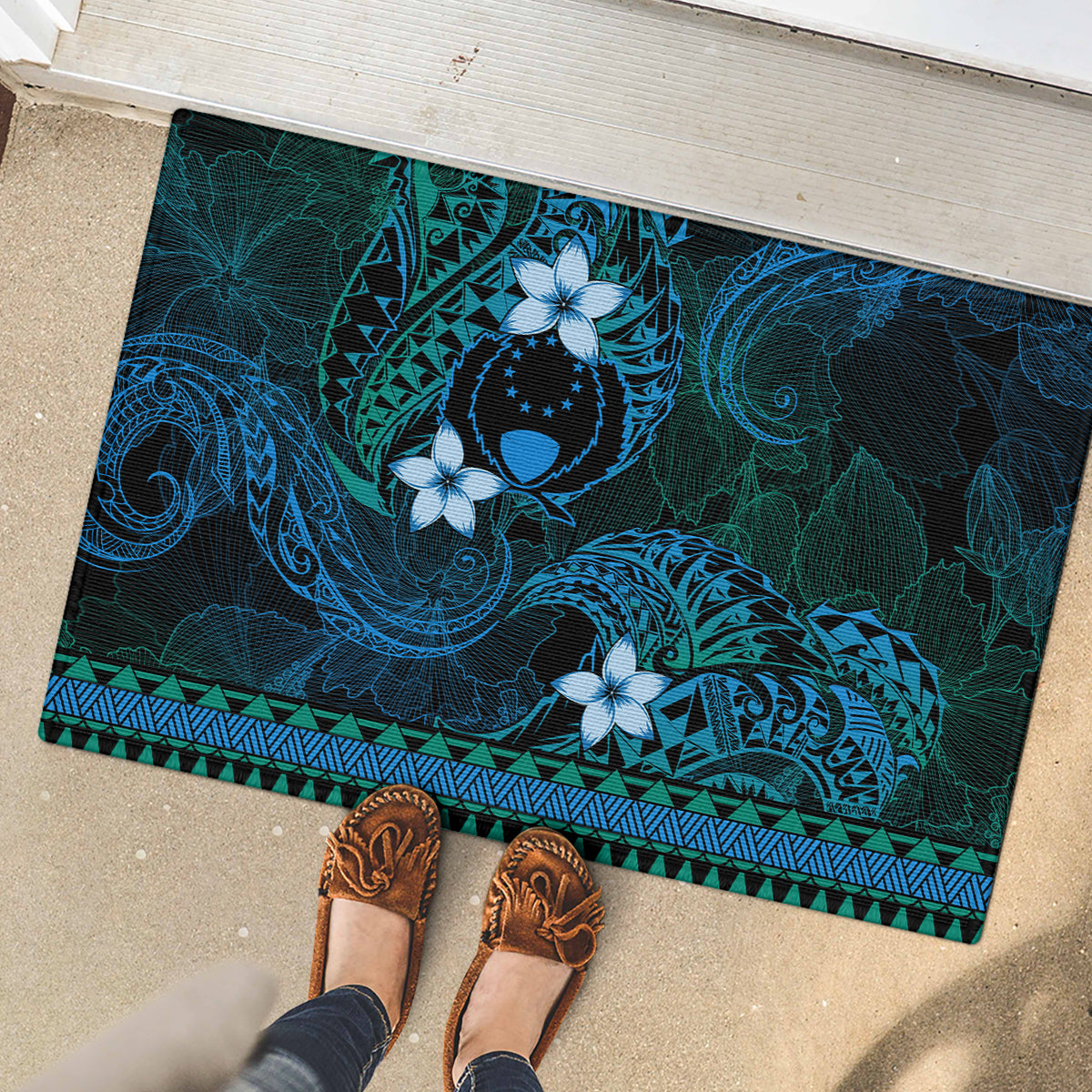 FSM Pohnpei State Rubber Doormat Tribal Pattern Ocean Version