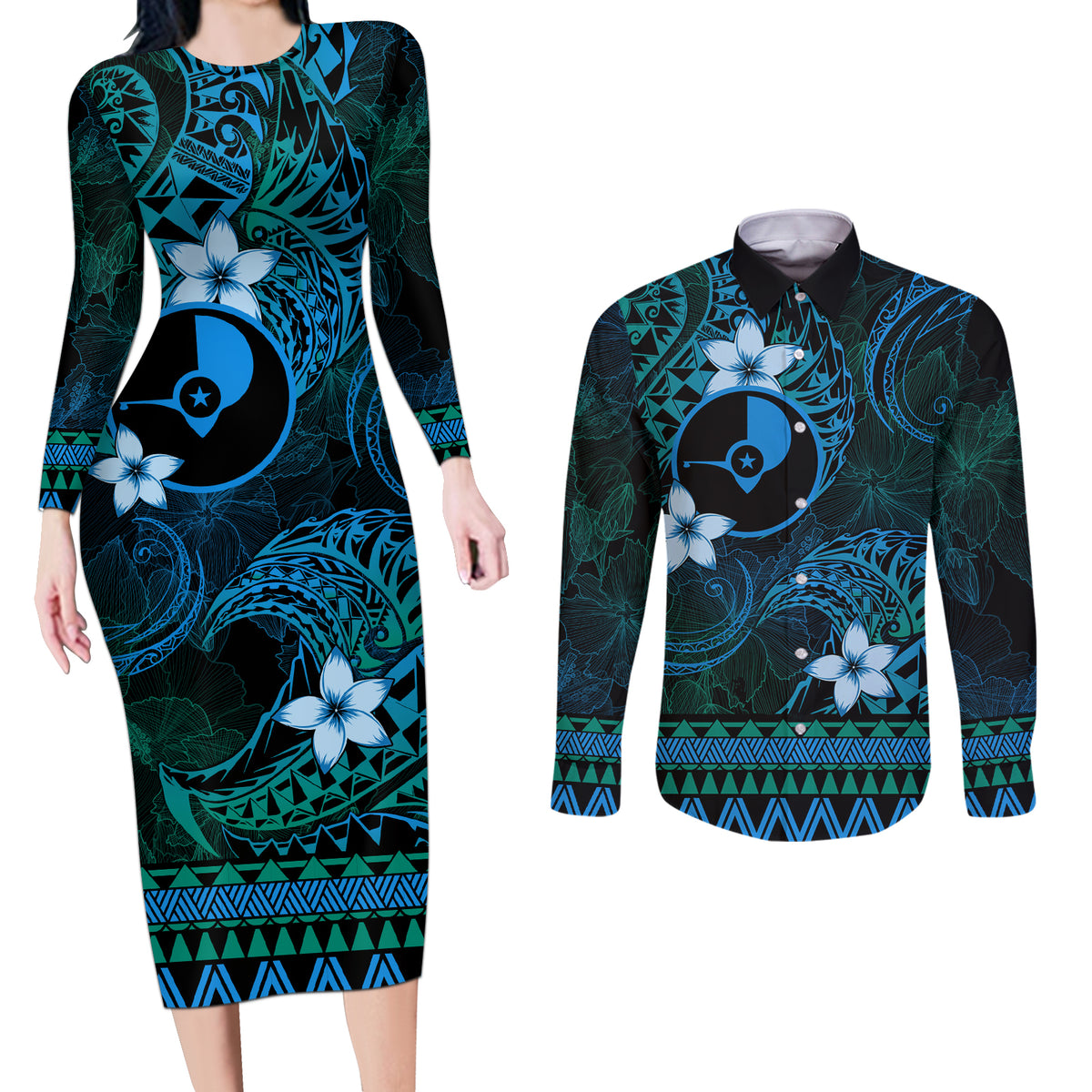 FSM Yap State Couples Matching Long Sleeve Bodycon Dress and Long Sleeve Button Shirt Tribal Pattern Ocean Version LT01 Blue - Polynesian Pride