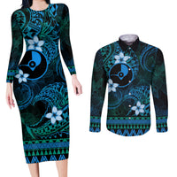 FSM Yap State Couples Matching Long Sleeve Bodycon Dress and Long Sleeve Button Shirt Tribal Pattern Ocean Version LT01 Blue - Polynesian Pride