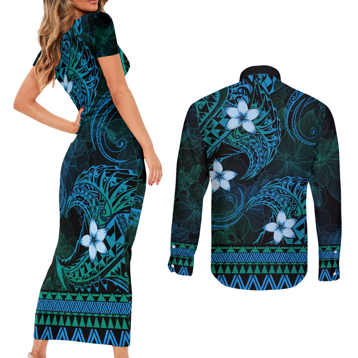FSM Yap State Couples Matching Short Sleeve Bodycon Dress and Long Sleeve Button Shirt Tribal Pattern Ocean Version LT01 - Polynesian Pride