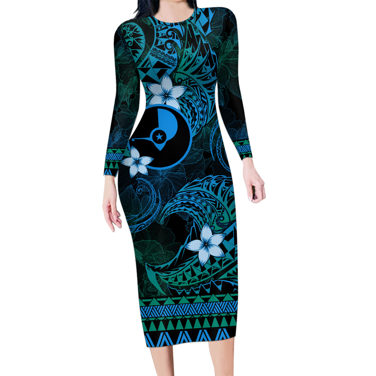 FSM Yap State Family Matching Long Sleeve Bodycon Dress and Hawaiian Shirt Tribal Pattern Ocean Version LT01 Mom's Dress Blue - Polynesian Pride