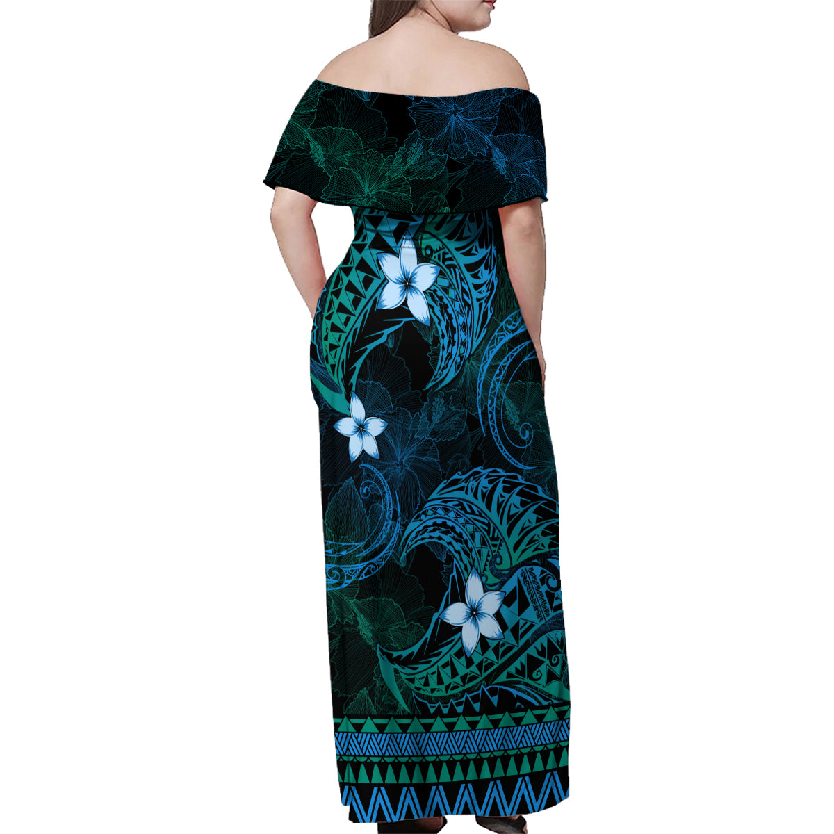 FSM Yap State Family Matching Off Shoulder Maxi Dress and Hawaiian Shirt Tribal Pattern Ocean Version LT01 - Polynesian Pride