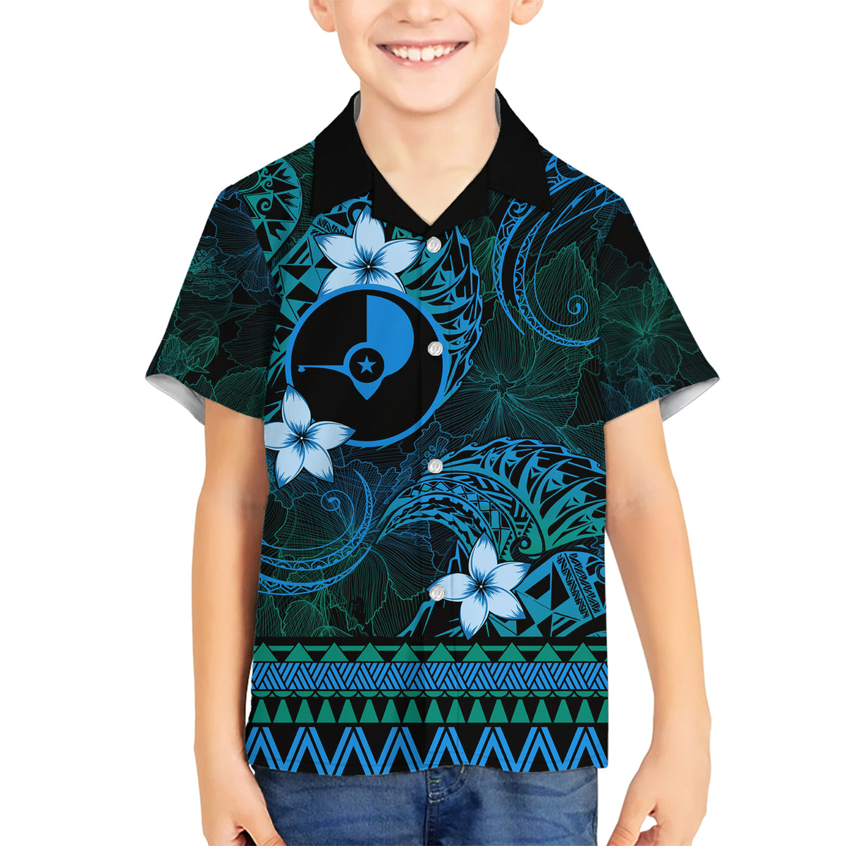FSM Yap State Family Matching Short Sleeve Bodycon Dress and Hawaiian Shirt Tribal Pattern Ocean Version LT01 Son's Shirt Blue - Polynesian Pride