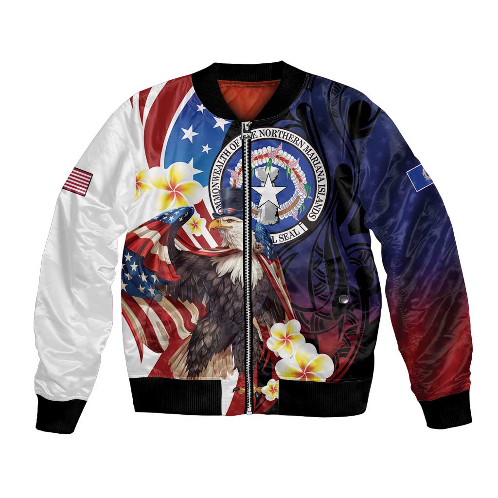 Personalized Northern Mariana Islands 4th of July Bomber Jacket Plumeria USA Eagle