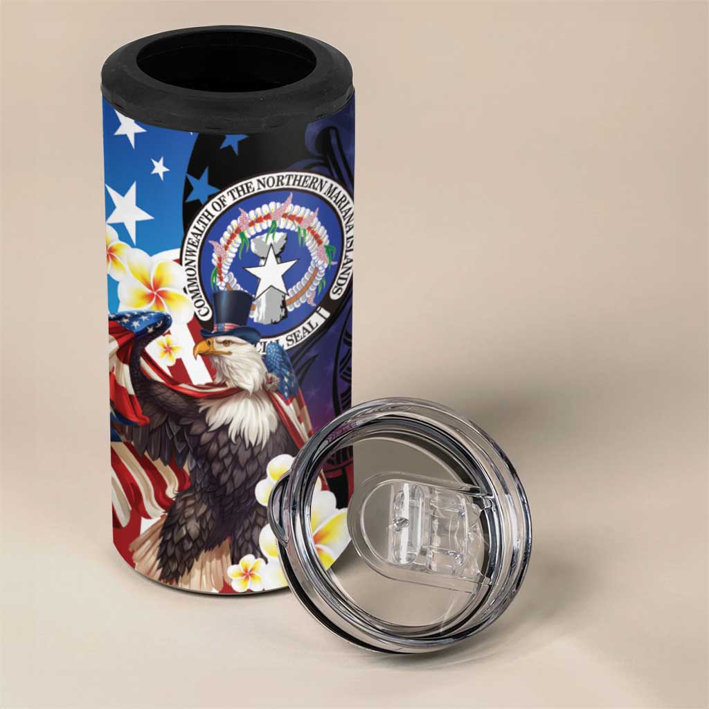 Personalized Northern Mariana Islands 4th of July 4 in 1 Can Cooler Tumbler Plumeria USA Eagle