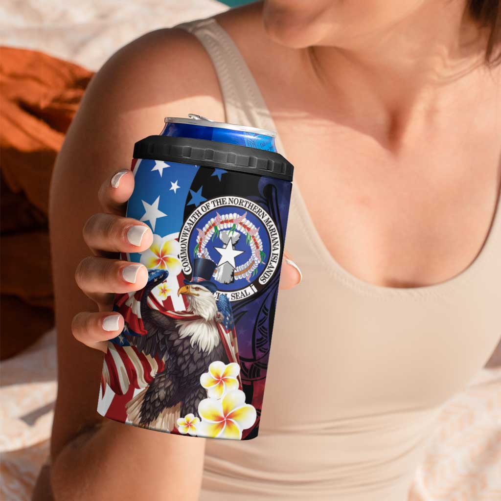 Personalized Northern Mariana Islands 4th of July 4 in 1 Can Cooler Tumbler Plumeria USA Eagle