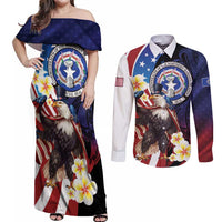Personalized Northern Mariana Islands 4th of July Couples Matching Off Shoulder Maxi Dress and Long Sleeve Button Shirt Plumeria USA Eagle