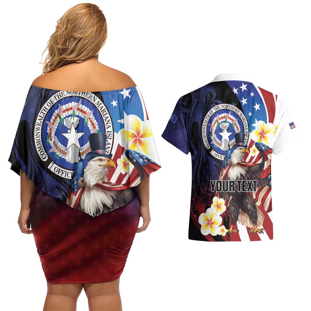 Personalized Northern Mariana Islands 4th of July Couples Matching Off Shoulder Short Dress and Hawaiian Shirt Plumeria USA Eagle LT01 - Polynesian Pride