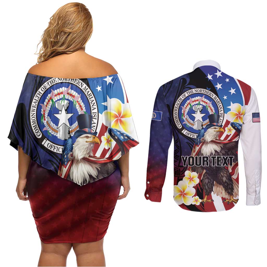 Personalized Northern Mariana Islands 4th of July Couples Matching Off Shoulder Short Dress and Long Sleeve Button Shirt Plumeria USA Eagle