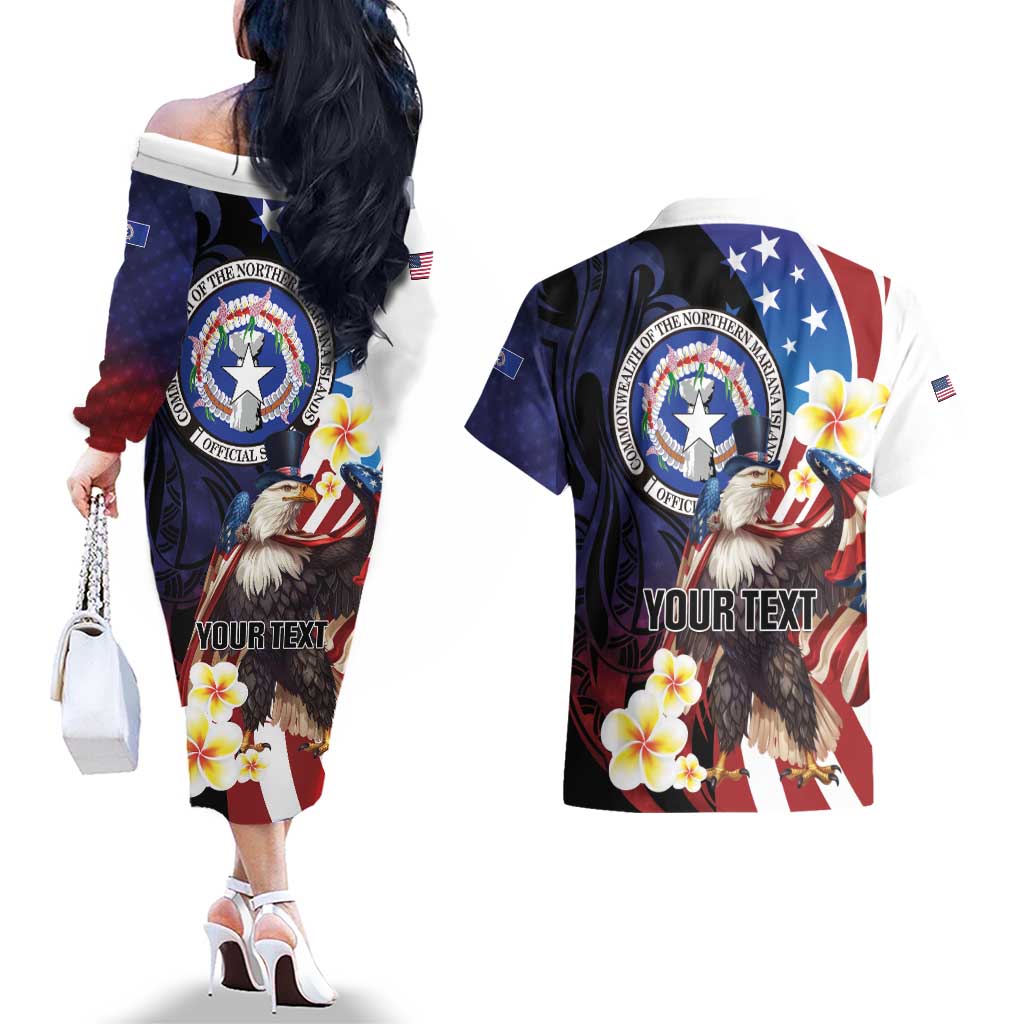 Personalized Northern Mariana Islands 4th of July Couples Matching Off The Shoulder Long Sleeve Dress and Hawaiian Shirt Plumeria USA Eagle