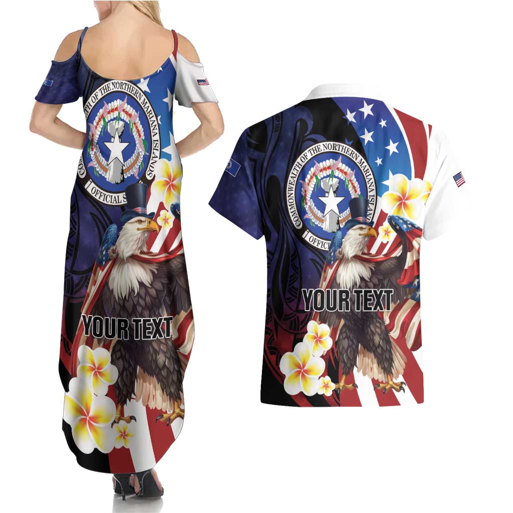 Personalized Northern Mariana Islands 4th of July Couples Matching Summer Maxi Dress and Hawaiian Shirt Plumeria USA Eagle LT01 - Polynesian Pride