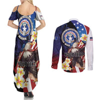 Personalized Northern Mariana Islands 4th of July Couples Matching Summer Maxi Dress and Long Sleeve Button Shirt Plumeria USA Eagle