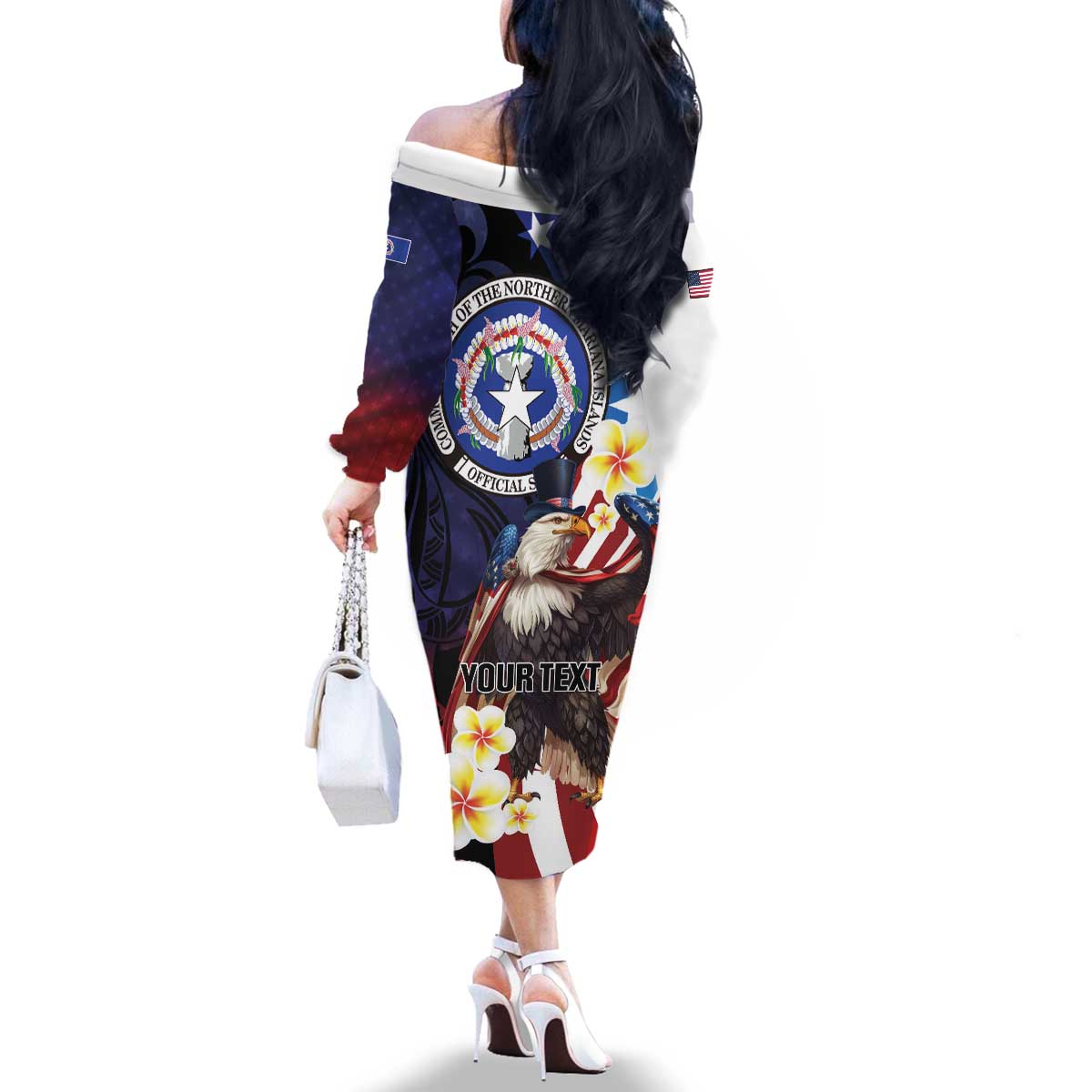 Personalized Northern Mariana Islands 4th of July Family Matching Off The Shoulder Long Sleeve Dress and Hawaiian Shirt Plumeria USA Eagle
