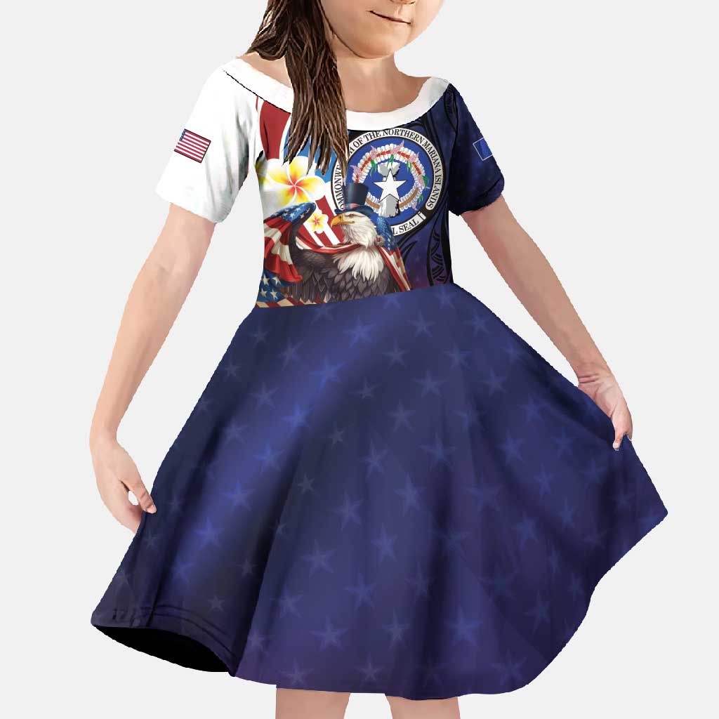 Personalized Northern Mariana Islands 4th of July Family Matching Short Sleeve Bodycon Dress and Hawaiian Shirt Plumeria USA Eagle LT01 Daughter's Dress Multicolor - Polynesian Pride