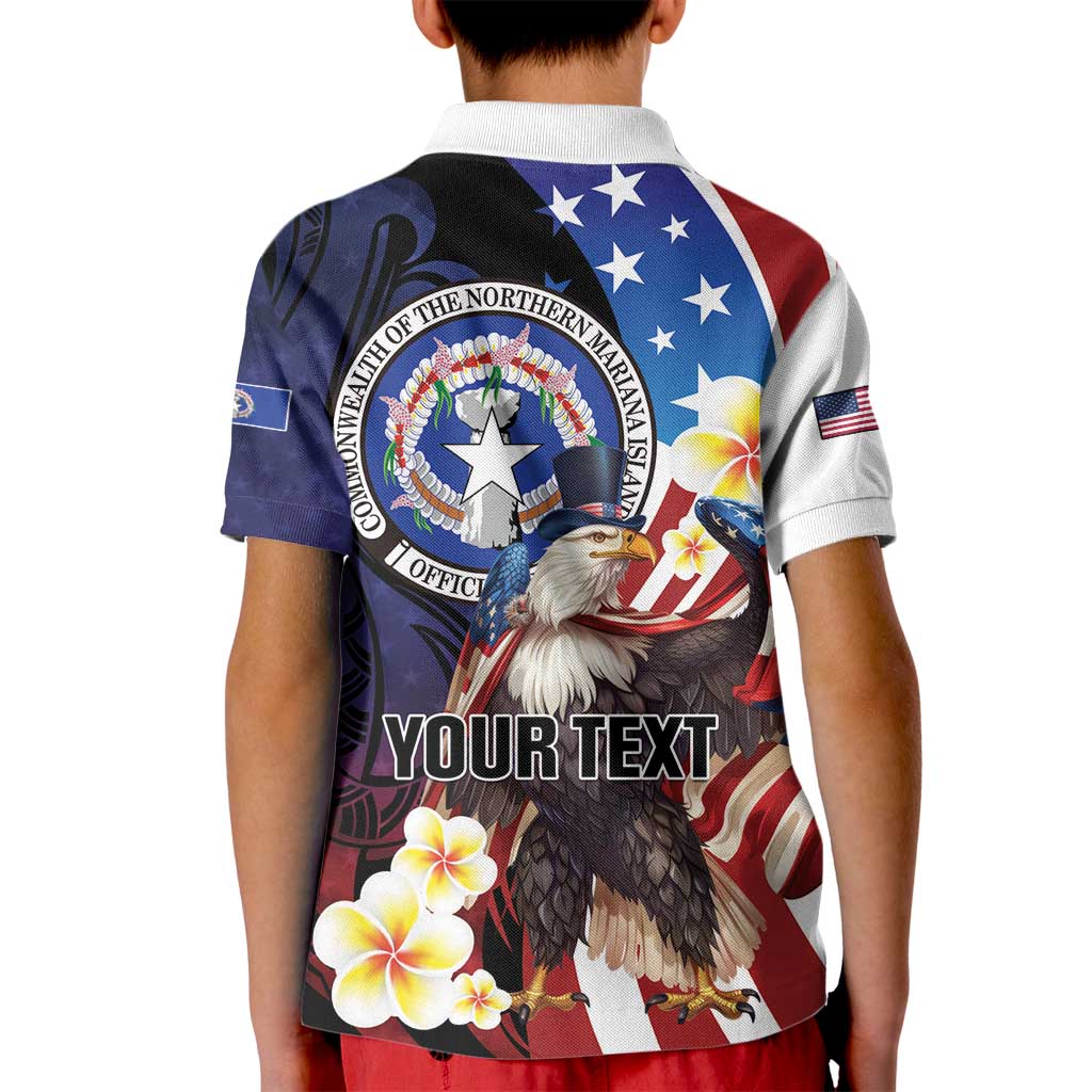 Personalized Northern Mariana Islands 4th of July Kid Polo Shirt Plumeria USA Eagle