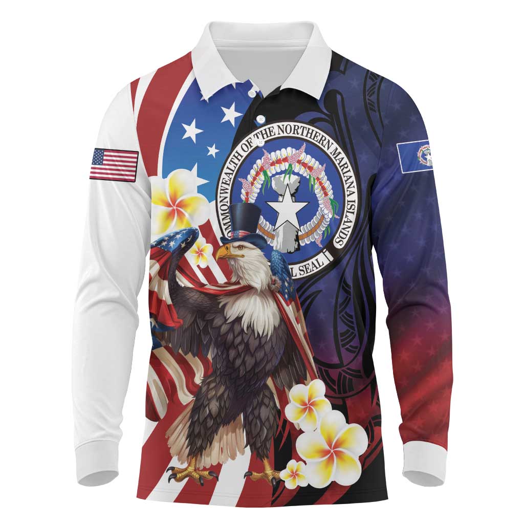 Personalized Northern Mariana Islands 4th of July Long Sleeve Polo Shirt Plumeria USA Eagle