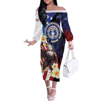Personalized Northern Mariana Islands 4th of July Off The Shoulder Long Sleeve Dress Plumeria USA Eagle