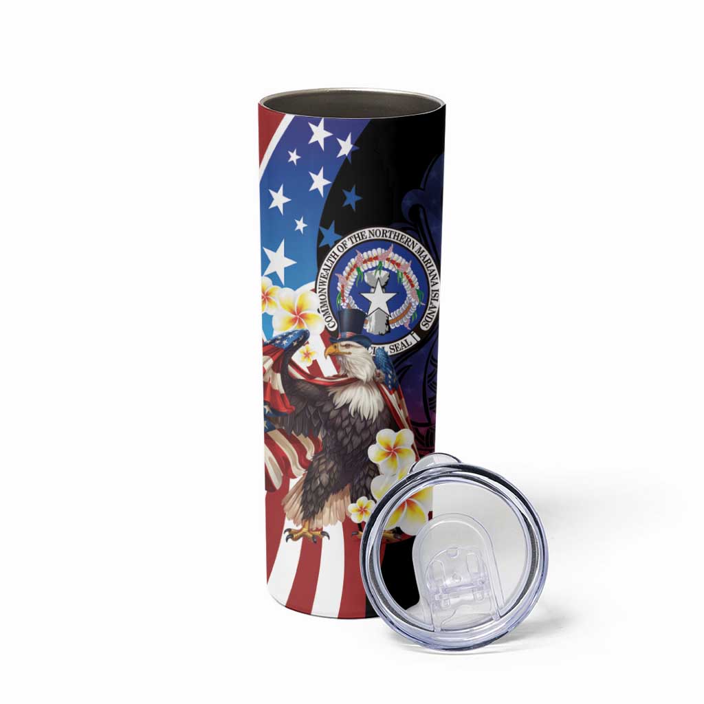 Personalized Northern Mariana Islands 4th of July Skinny Tumbler Plumeria USA Eagle