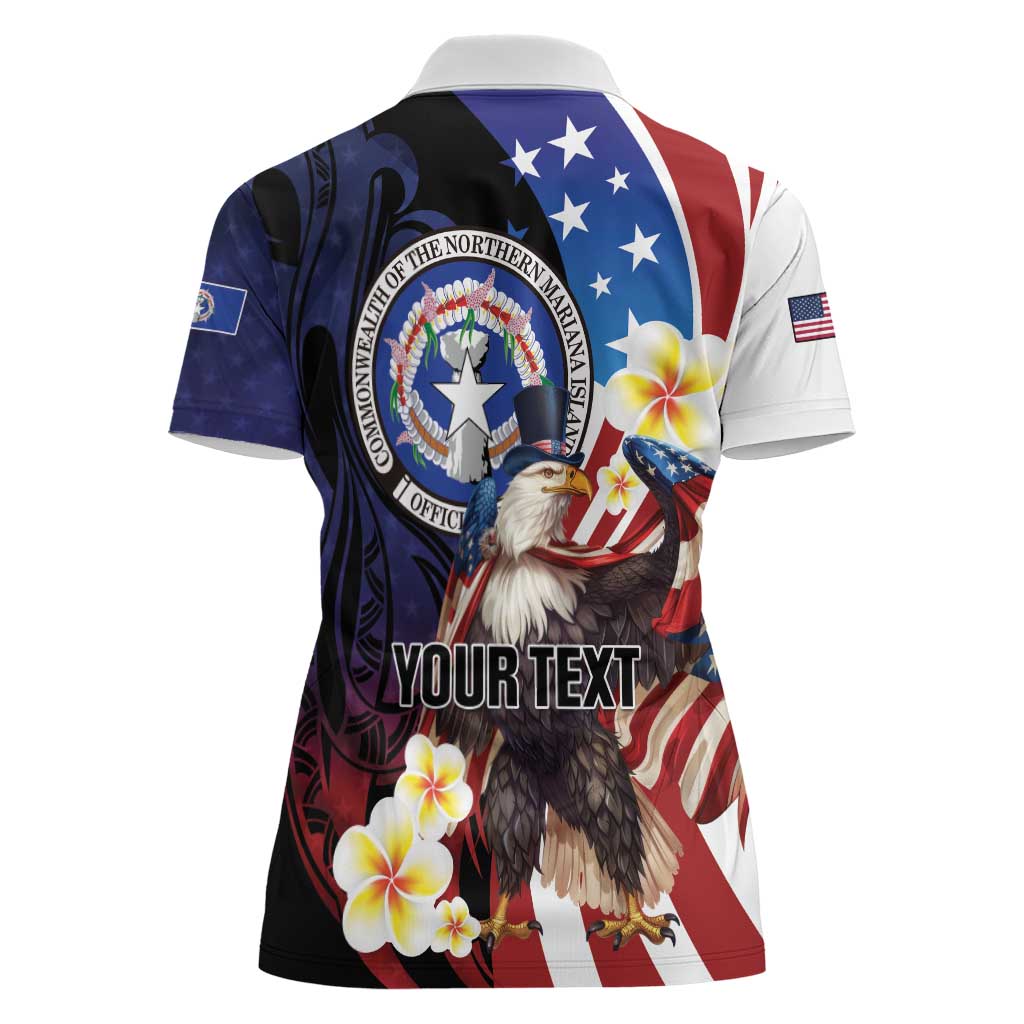 Personalized Northern Mariana Islands 4th of July Women Polo Shirt Plumeria USA Eagle