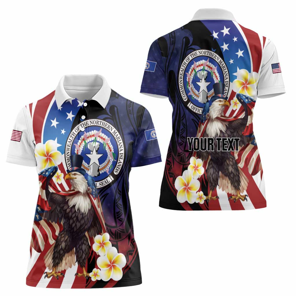 Personalized Northern Mariana Islands 4th of July Women Polo Shirt Plumeria USA Eagle