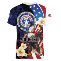 Personalized Northern Mariana Islands 4th of July Women V-Neck T-Shirt Plumeria USA Eagle