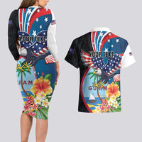 Personalized Guam Fourth of July Couples Matching Long Sleeve Bodycon Dress and Hawaiian Shirt Tropical Flowers