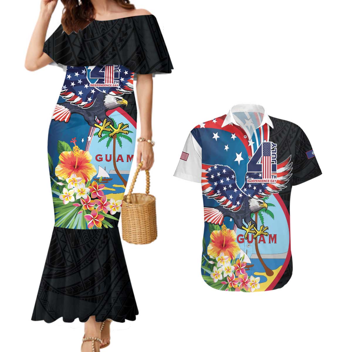 Personalized Guam Fourth of July Couples Matching Mermaid Dress and Hawaiian Shirt Tropical Flowers