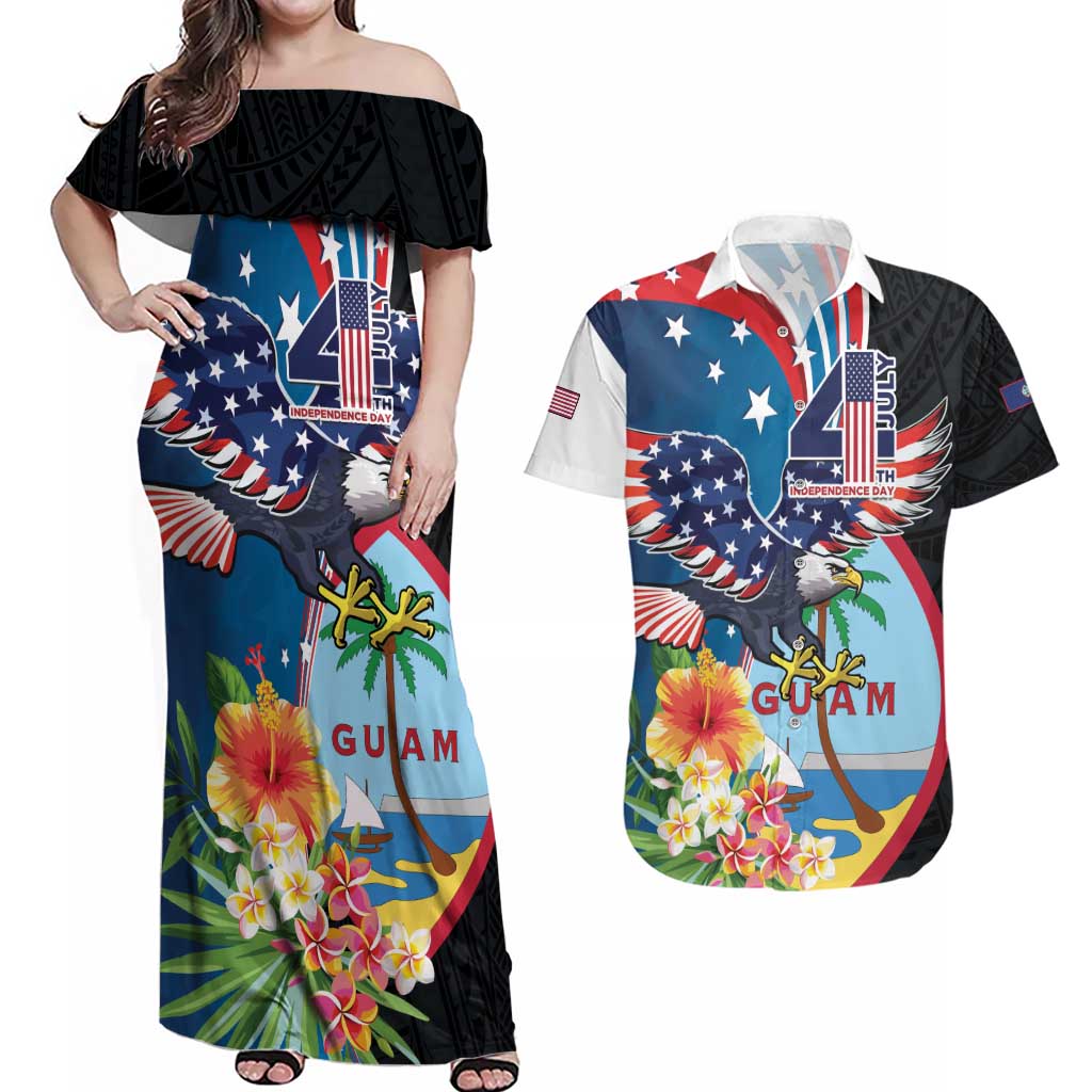 Personalized Guam Fourth of July Couples Matching Off Shoulder Maxi Dress and Hawaiian Shirt Tropical Flowers