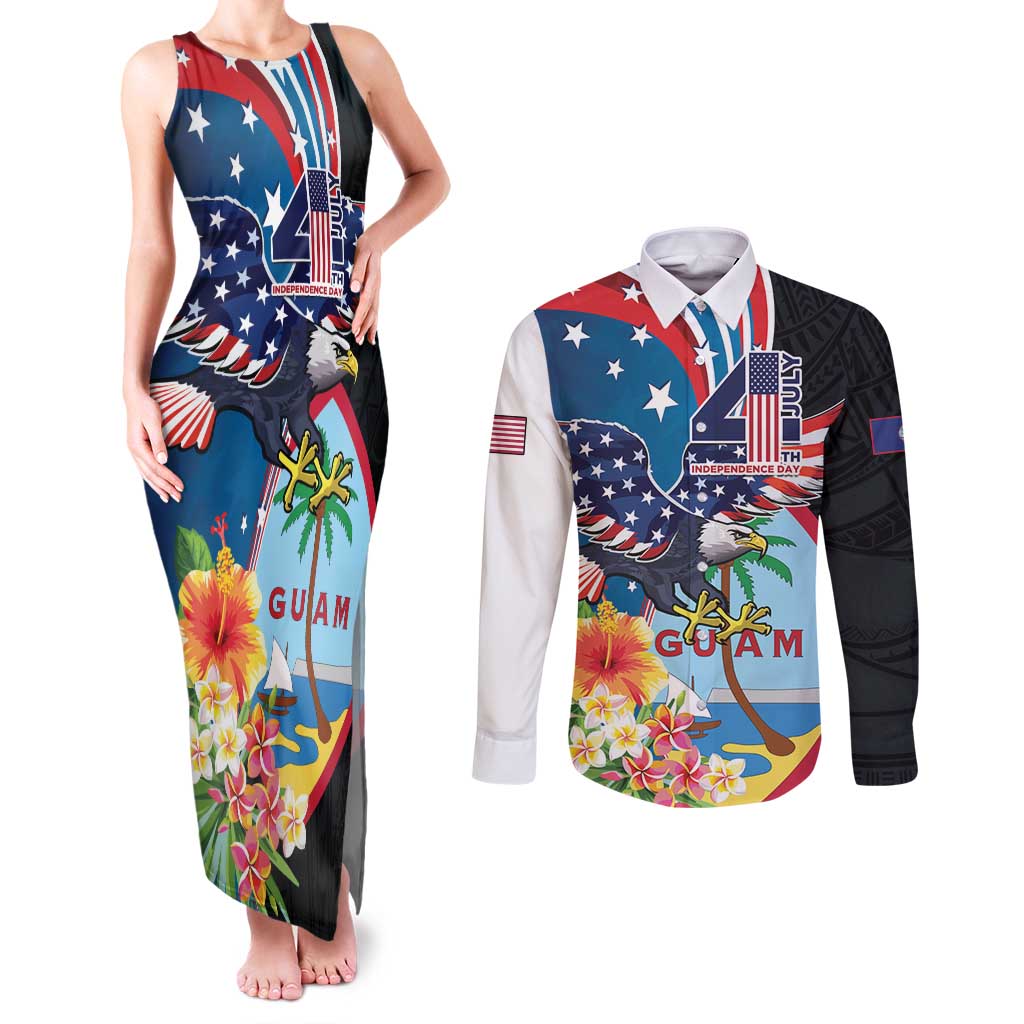 Personalized Guam Fourth of July Couples Matching Tank Maxi Dress and Long Sleeve Button Shirt Tropical Flowers