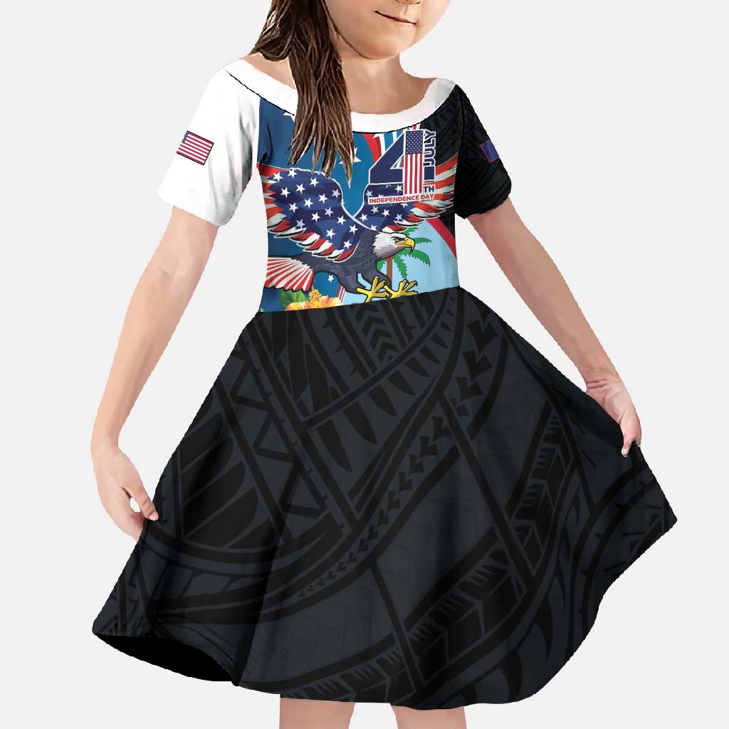 Personalized Guam Fourth of July Family Matching Short Sleeve Bodycon Dress and Hawaiian Shirt Tropical Flowers
