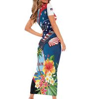 Personalized Guam Fourth of July Family Matching Short Sleeve Bodycon Dress and Hawaiian Shirt Tropical Flowers