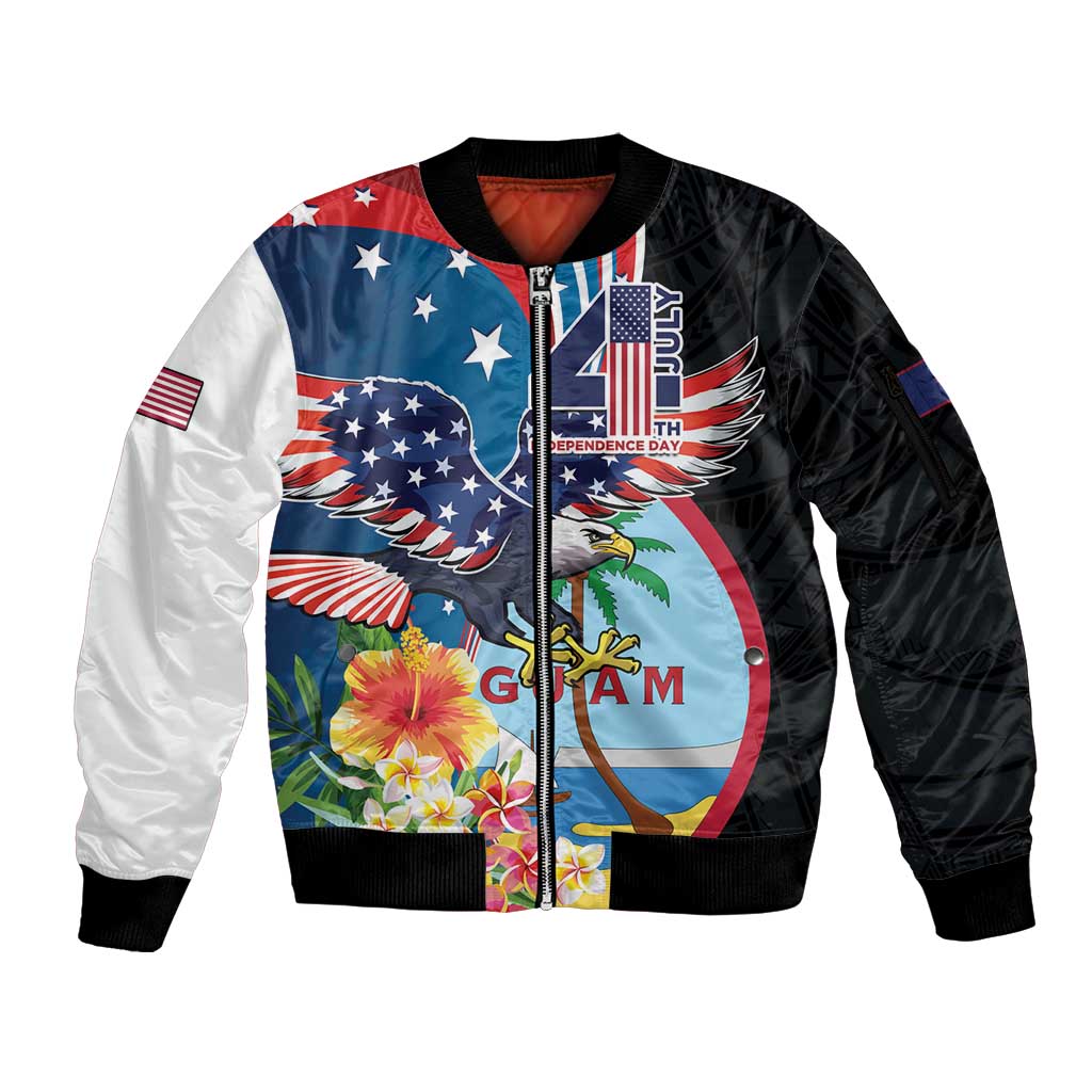 Personalized Guam Fourth of July Sleeve Zip Bomber Jacket Tropical Flowers