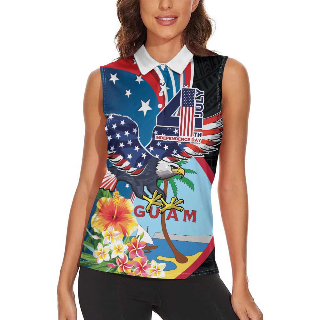 Personalized Guam Fourth of July Women Sleeveless Polo Shirt Tropical Flowers