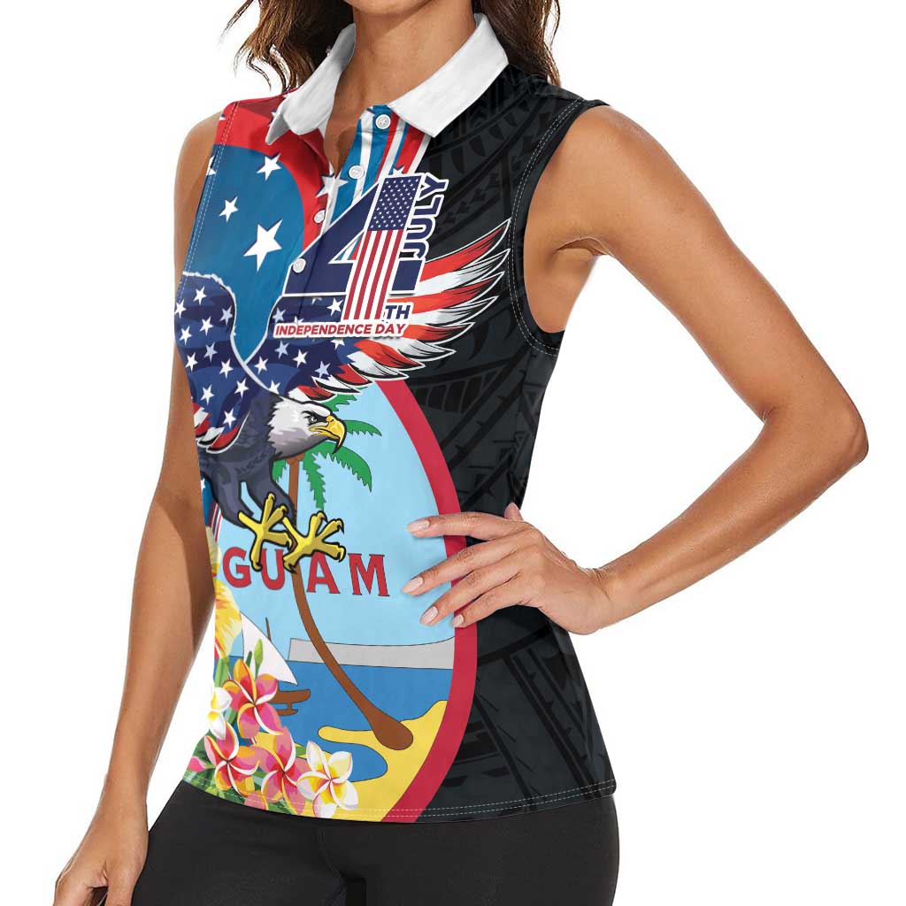 Personalized Guam Fourth of July Women Sleeveless Polo Shirt Tropical Flowers