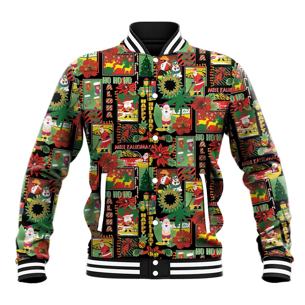 Hawaiian Santa Christmas Pattern Baseball Jacket Black Version - Polynesian Pride