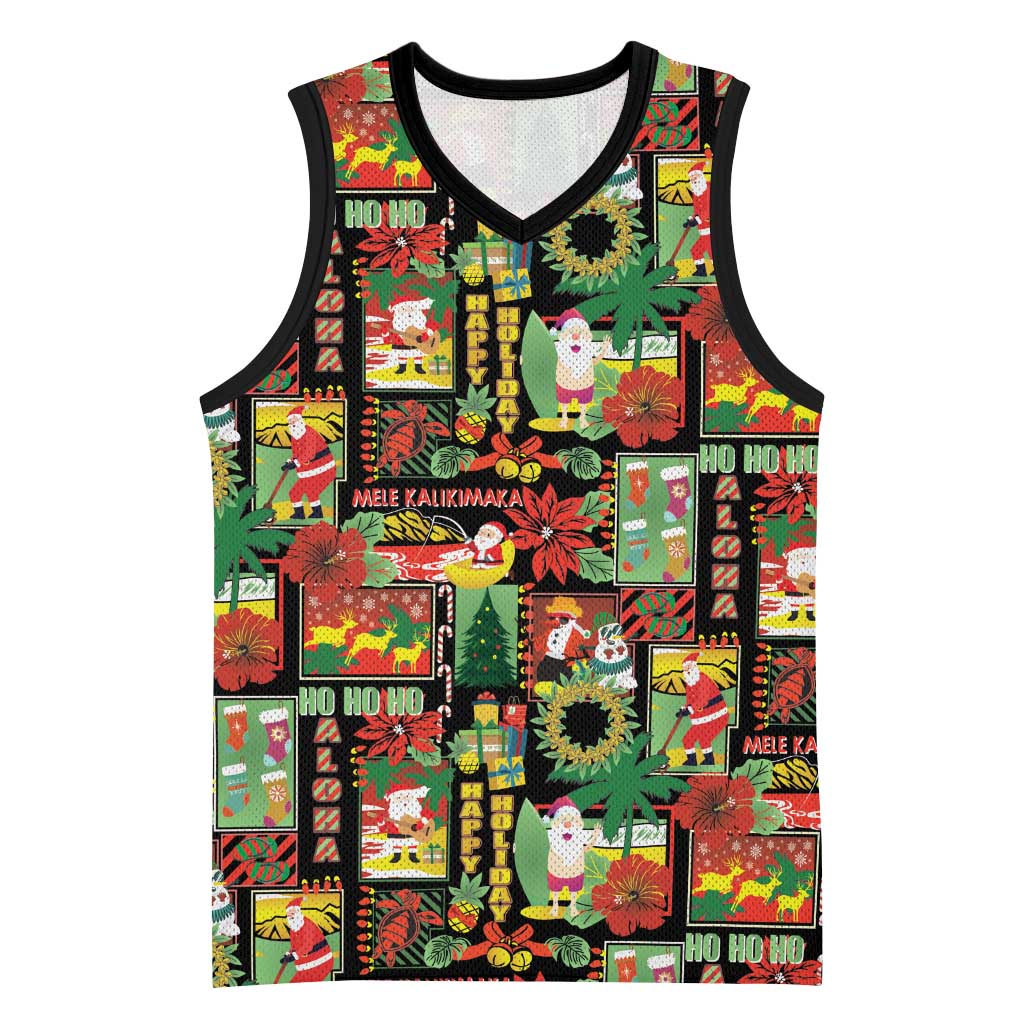 Hawaiian Santa Christmas Pattern Basketball Jersey Black Version - Polynesian Pride
