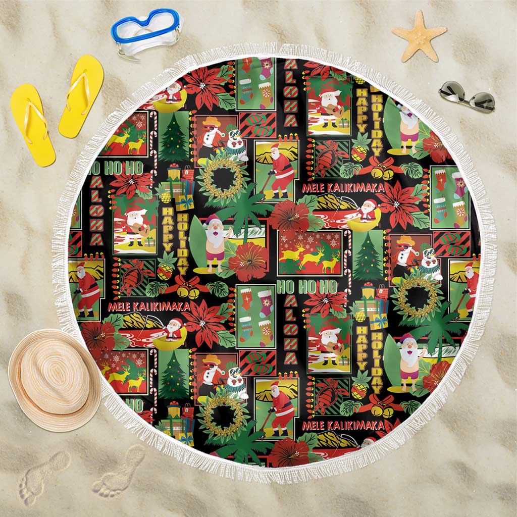 Hawaiian Santa Christmas Pattern Beach Blanket Black Version - Polynesian Pride