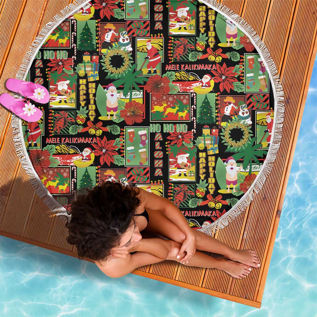 Hawaiian Santa Christmas Pattern Beach Blanket Black Version - Polynesian Pride