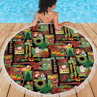 Hawaiian Santa Christmas Pattern Beach Blanket Black Version - Polynesian Pride