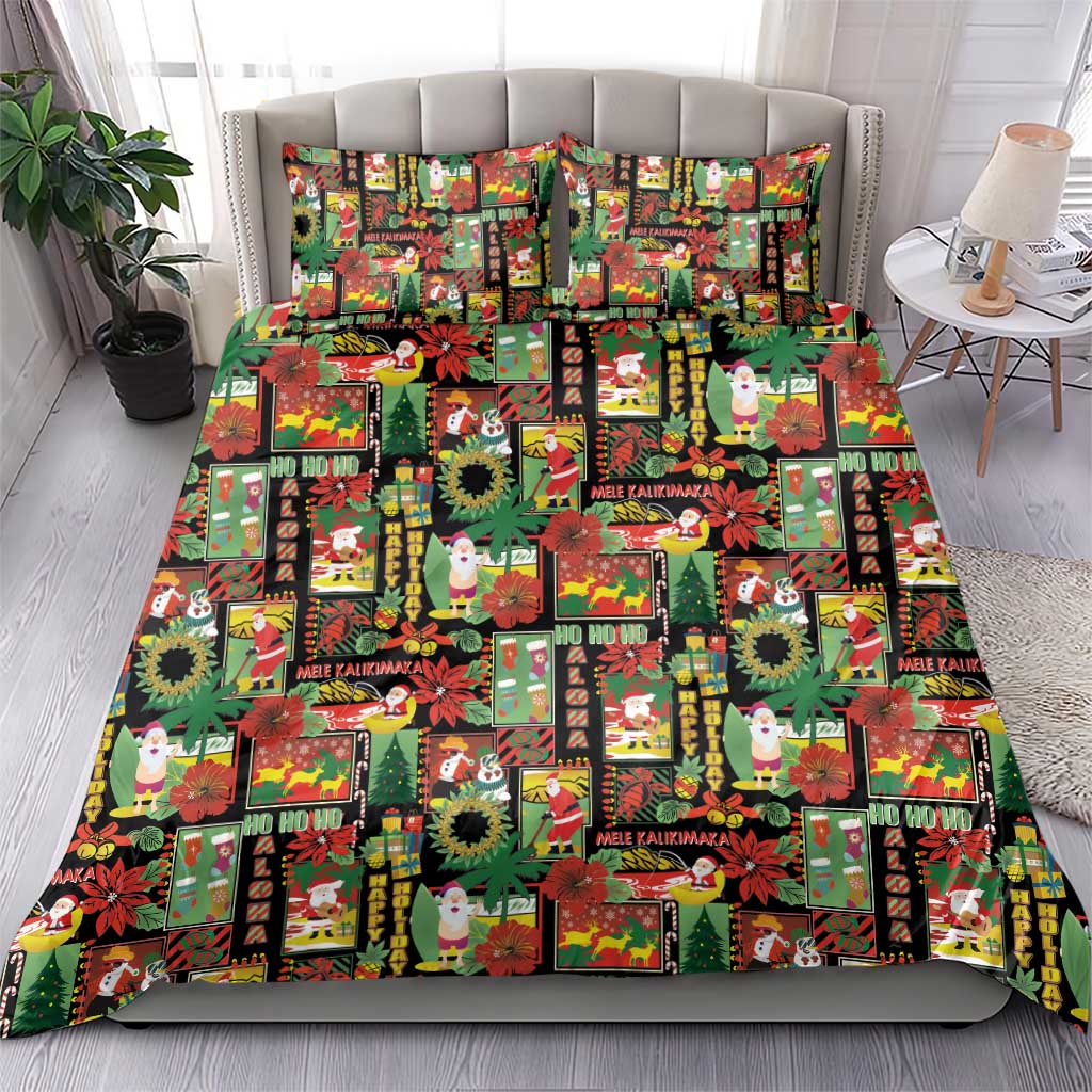 Hawaiian Santa Christmas Pattern Bedding Set Black Version - Polynesian Pride