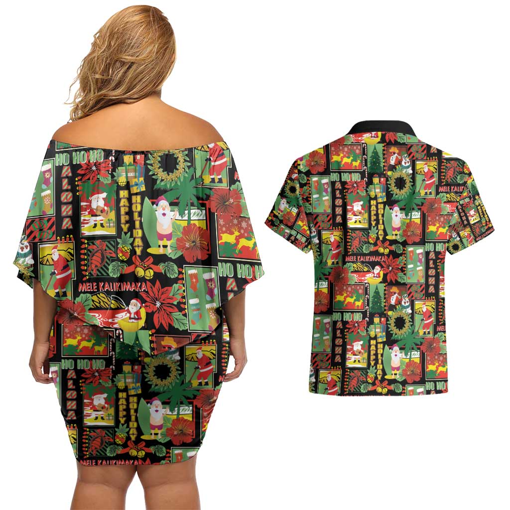 Hawaiian Santa Christmas Pattern Couples Matching Off Shoulder Short Dress and Hawaiian Shirt Black Version - Polynesian Pride