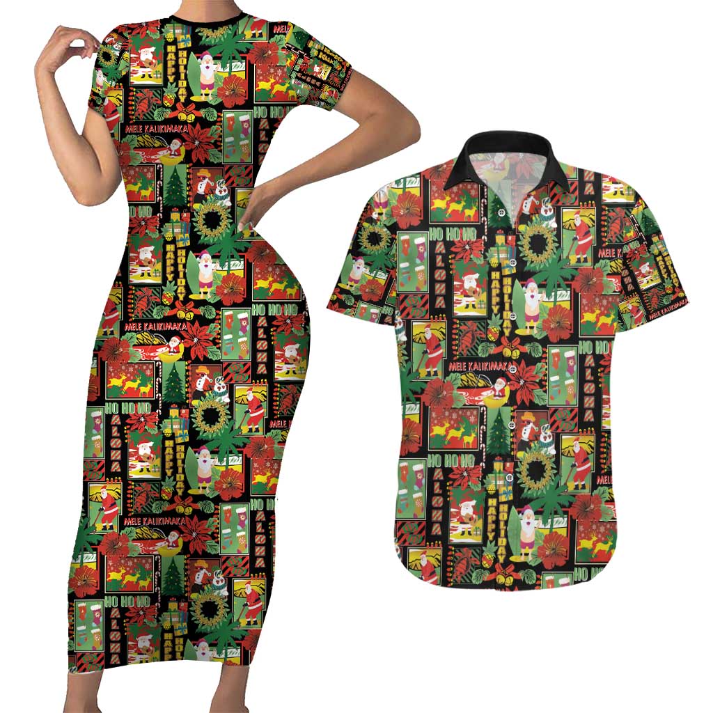 Hawaiian Santa Christmas Pattern Couples Matching Short Sleeve Bodycon Dress and Hawaiian Shirt Black Version - Polynesian Pride