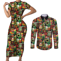 Hawaiian Santa Christmas Pattern Couples Matching Short Sleeve Bodycon Dress and Long Sleeve Button Shirt Black Version - Polynesian Pride