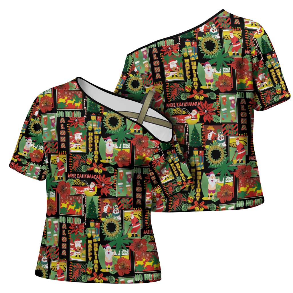Hawaiian Santa Christmas Pattern Cross Shoulder Shirt Black Version - Polynesian Pride