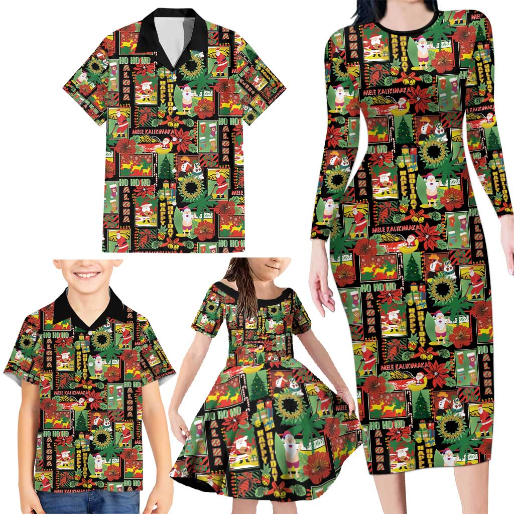 Hawaiian Santa Christmas Pattern Family Matching Long Sleeve Bodycon Dress and Hawaiian Shirt Black Version - Polynesian Pride