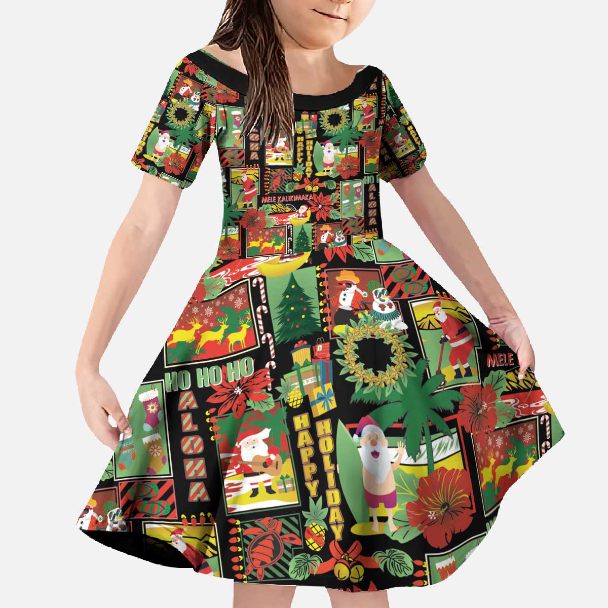 Hawaiian Santa Christmas Pattern Family Matching Off The Shoulder Long Sleeve Dress and Hawaiian Shirt Black Version - Polynesian Pride