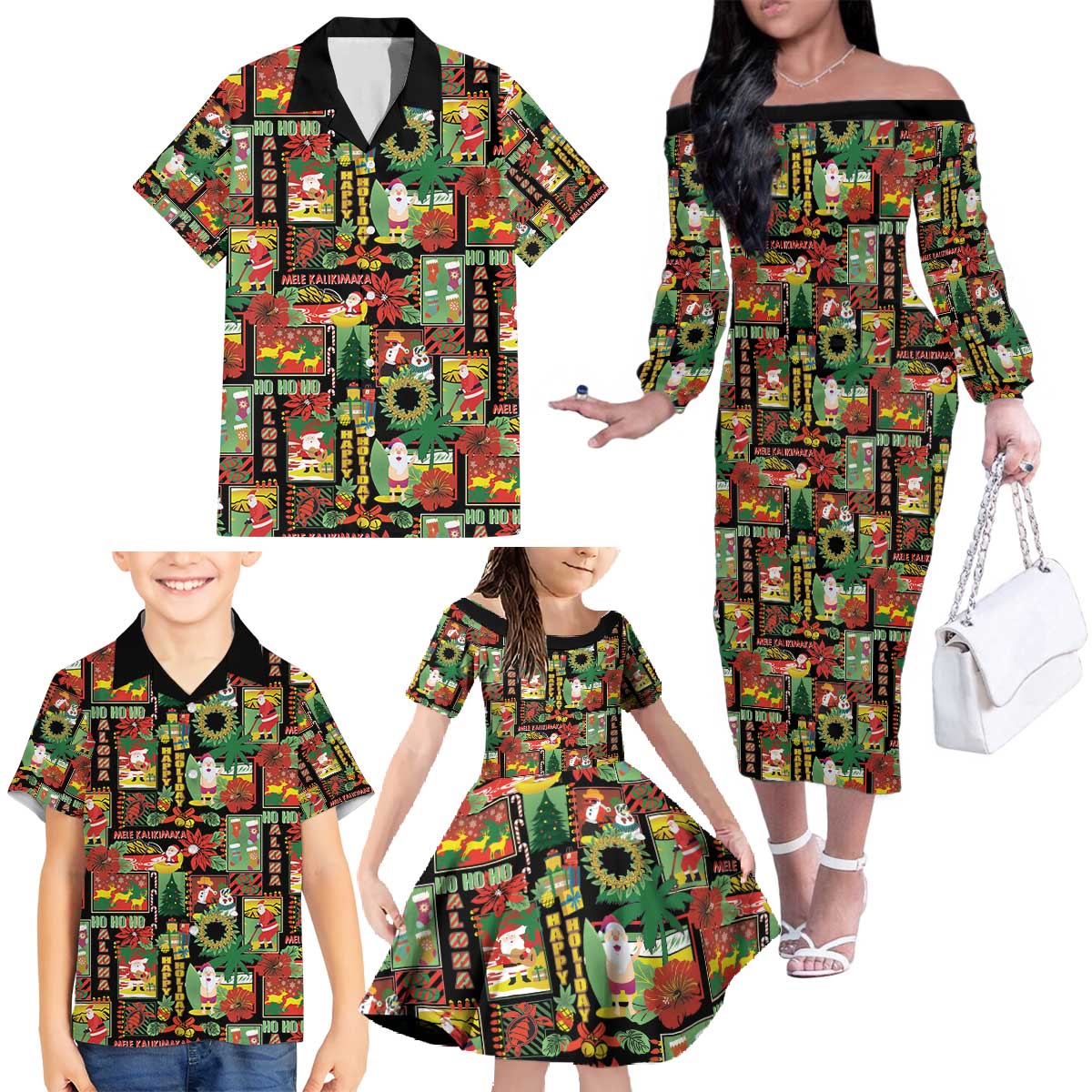 Hawaiian Santa Christmas Pattern Family Matching Off The Shoulder Long Sleeve Dress and Hawaiian Shirt Black Version - Polynesian Pride