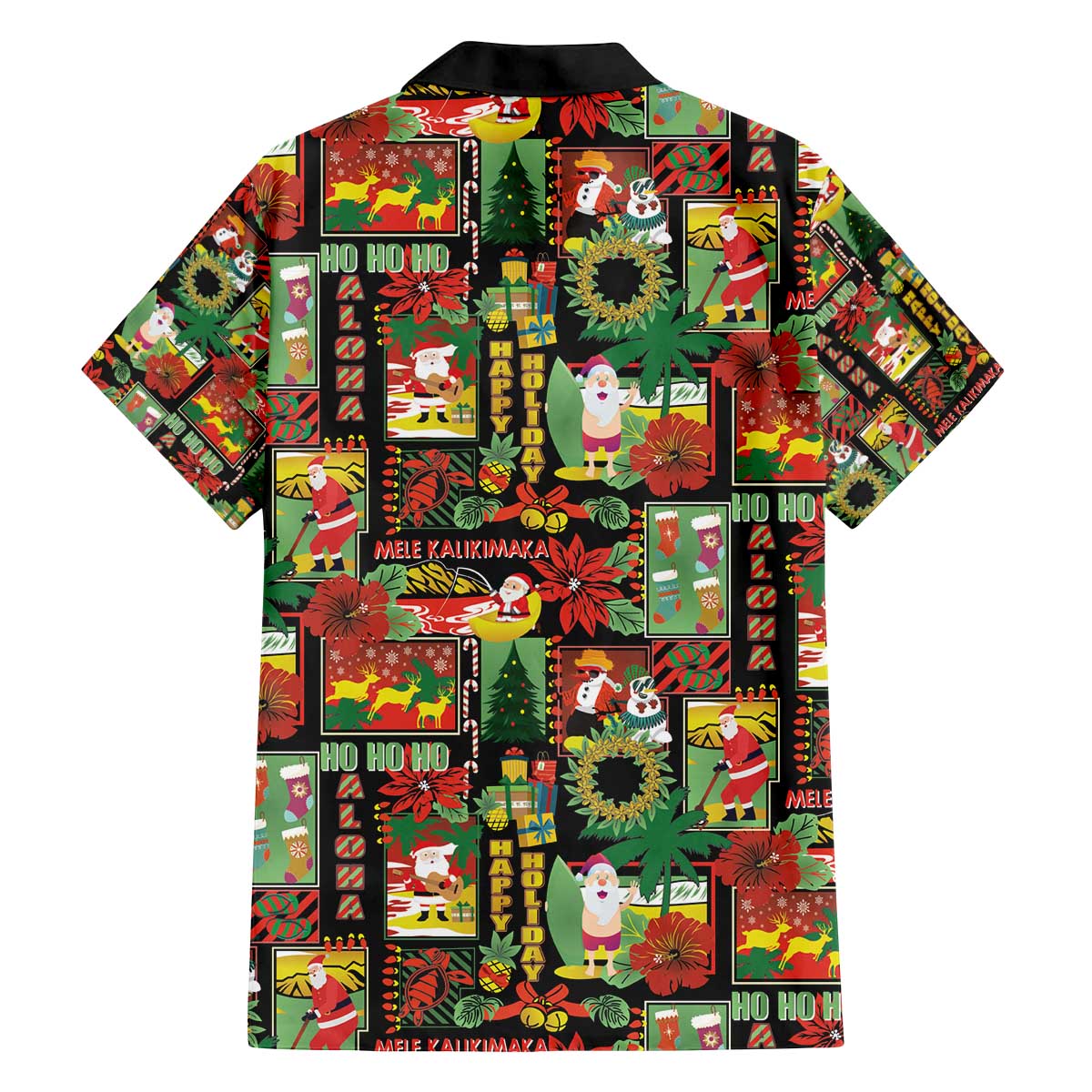 Hawaiian Santa Christmas Pattern Family Matching Off The Shoulder Long Sleeve Dress and Hawaiian Shirt Black Version - Polynesian Pride