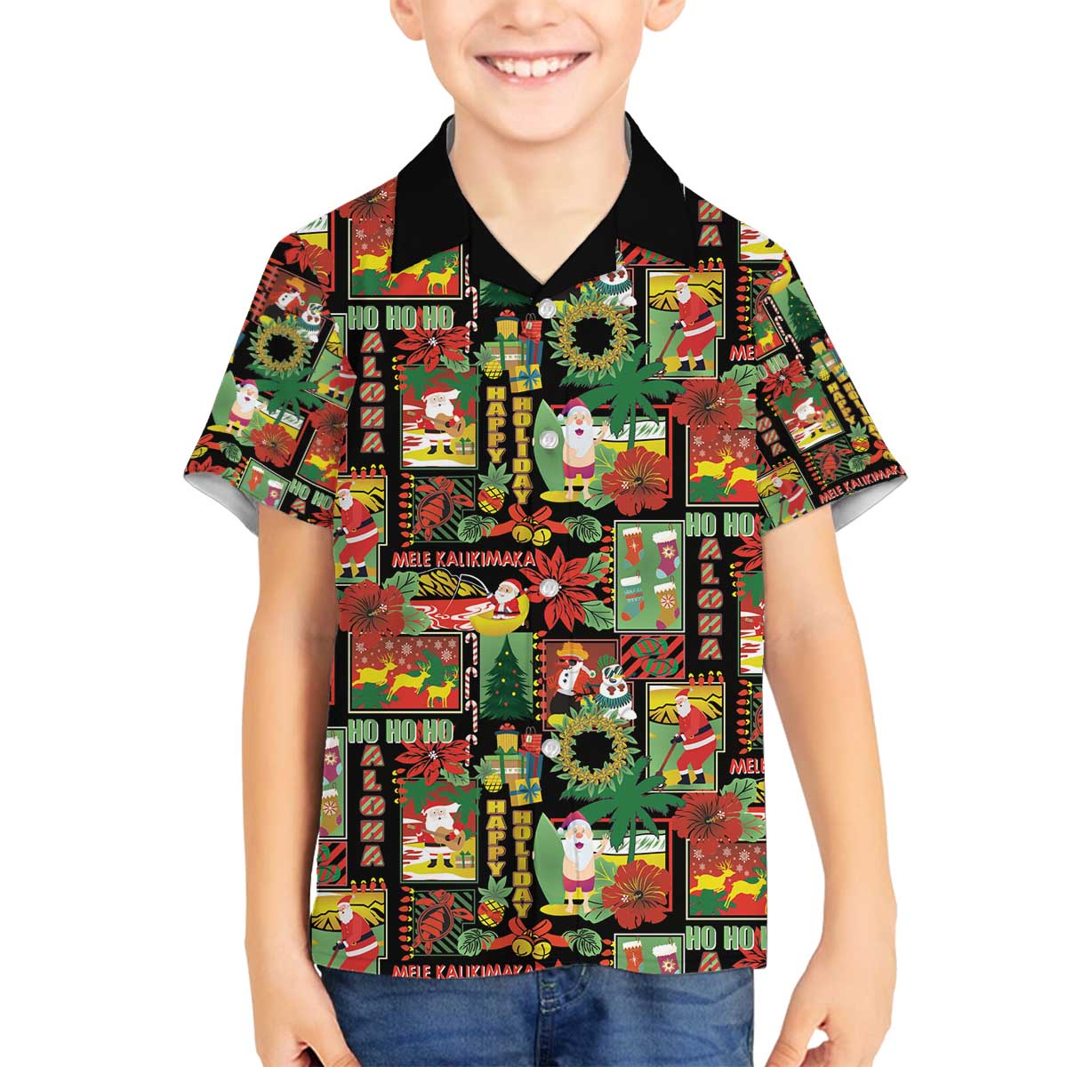 Hawaiian Santa Christmas Pattern Family Matching Off The Shoulder Long Sleeve Dress and Hawaiian Shirt Black Version - Polynesian Pride