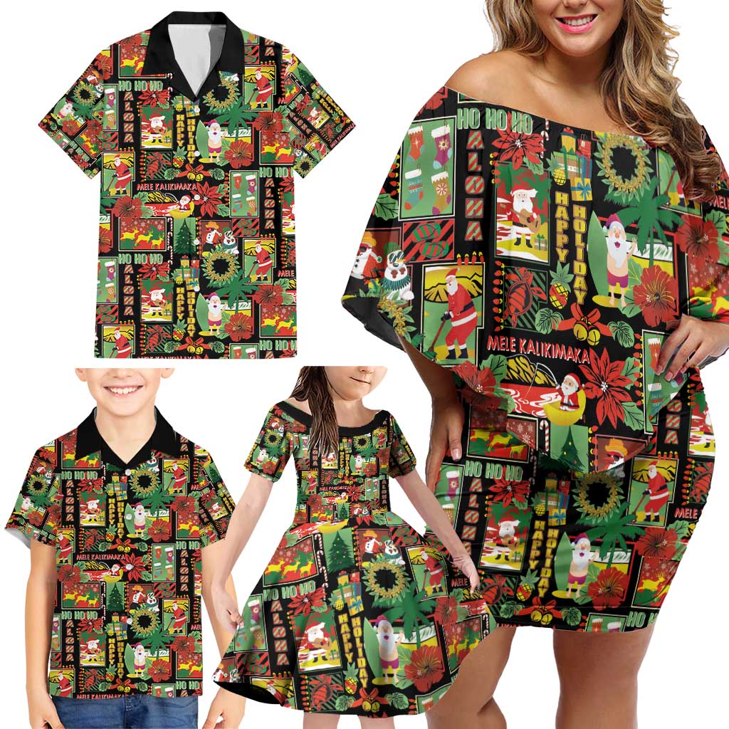 Hawaiian Santa Christmas Pattern Family Matching Off Shoulder Short Dress and Hawaiian Shirt Black Version - Polynesian Pride